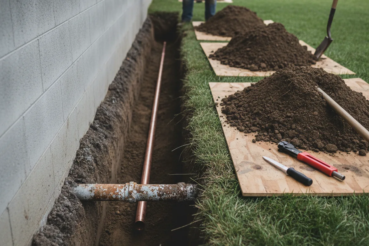 Excavated water line trench during Water Softener Installation in Cragford